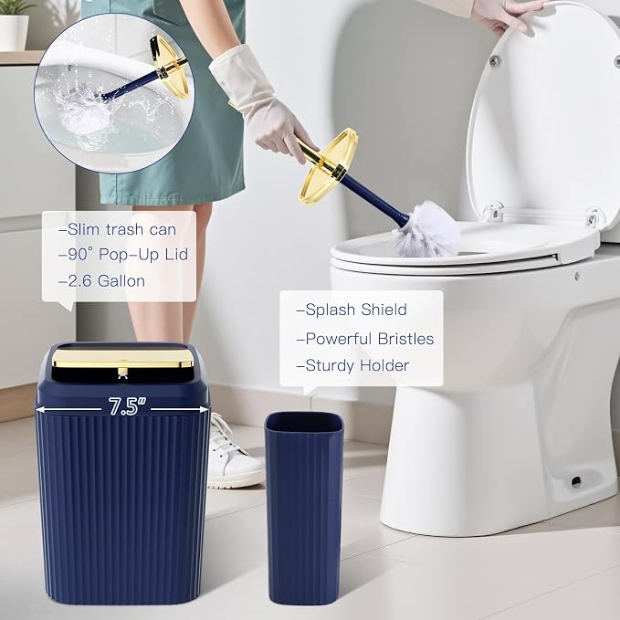 21PCS Bathroom Sets with Shower Curtain and Rugs Bathroom Accessories Set Navy Blue Bathroom Set Complete with Trash Can, Toilet Brush, Qtip Holder & 3PCS Soap Dispenser