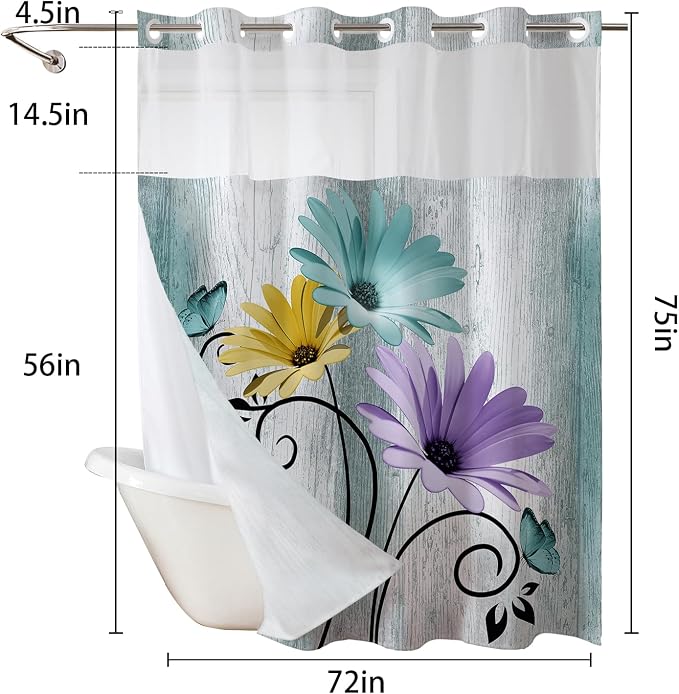 Hookless Shower Curtain with Snap in Liner, Farm Teal No Hook Shower Curtains for Bathroom，Shower Curtain and Liner Set for Bathroom Decor,Waterproof & Washable,72W x 75L Inch