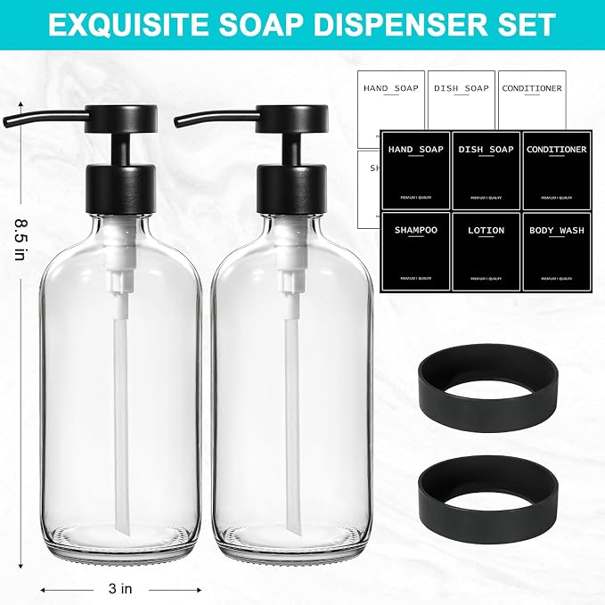 RYTOXILO Clear Soap Dispenser 2 Pack, Glass Soap Dispenser with Stainless Steel Pump, 16.9 Fl oz Refillable Kitchen Hand and Dish Soap Dispensers Set, Modern Clear Soap Lotion Dispensers Bottle