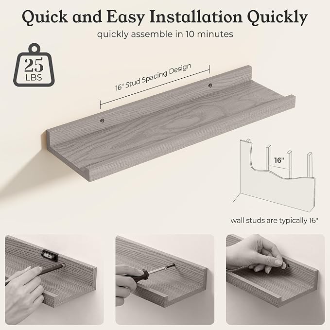 White Picture Ledge Shelves for Wall, 4.5" Deep Wood Floating Shelves with Lip for Bedroom, Living Room, 16" Width, Color White Set of 2