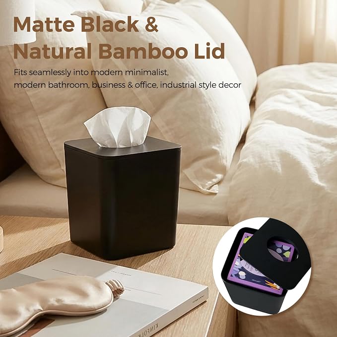 Tissue Box Cover Square, Black Facial Tissue Holder with Black Bamboo Lid | With Natural Bamboo Lid, Waterproof, Durable, Decorative, Fit Standard Cube Tissue Boxes, For Bathroom Bedroom Office Desk