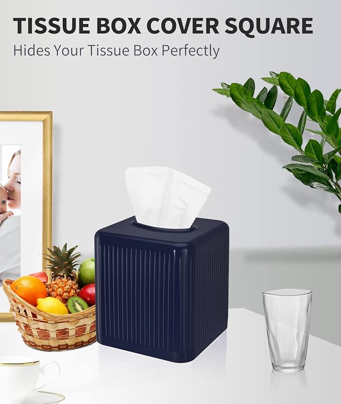 Livelab Tissue Box Cover with Base, Square Plastic Tissue Box Holder Decorative Tissue Box Case Modern Facial Paper Dispenser for Bathroom, Vanity Countertops, Night Stands, Desk - Navy Blue