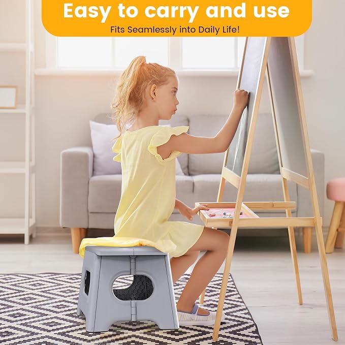 HBTower Folding Step Stool 9 Inch, 600 LBS Capacity with Safety Lock, White | Compact Step Stool Foldable for Kids & Adults, Portable Carry Handle, Collapsible Foot Stool, Kitchen, Bathroom & Outdoor