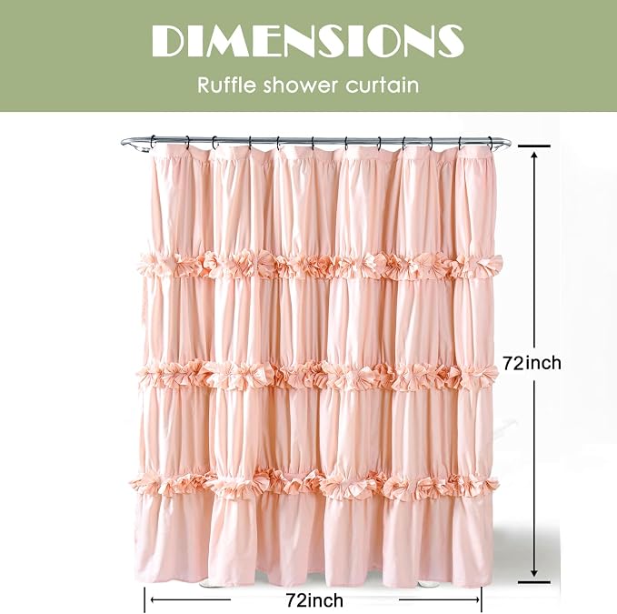 Peach Ruffle Shower Curtain for Master Bathroom | Vintage Handcrafted Bow Tie Bath Curtain, Ruched Microfiber Bathroom Curtain with 12 Buttonholes, 72" W x 72" H (LQ-10)