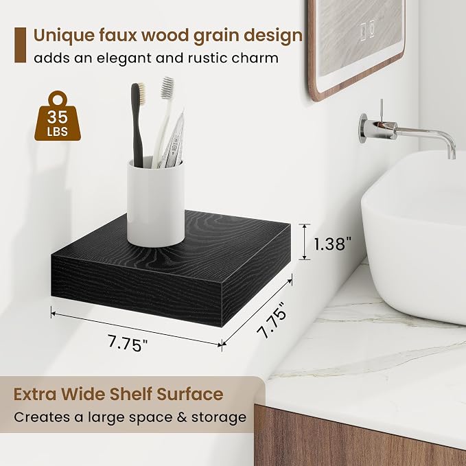 Marsmiles 8in Depth Floating Shelves, 8x8x1.4, Black, Set of 3 | Small Wall Mounted Square Shelves, Engineered Wood, Invisible Brackets, Living Room, Bedroom, Bathroom, Kitchen Decor