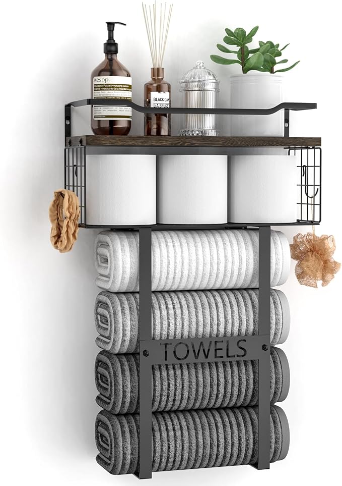 Aetyord Towel Racks for Bathroom Wall Mounted Towel Storage Organize | Towel Storage with Wood Shelf & Metal Basket,Fit for Small Bathroom,Camper,Rv,Brown