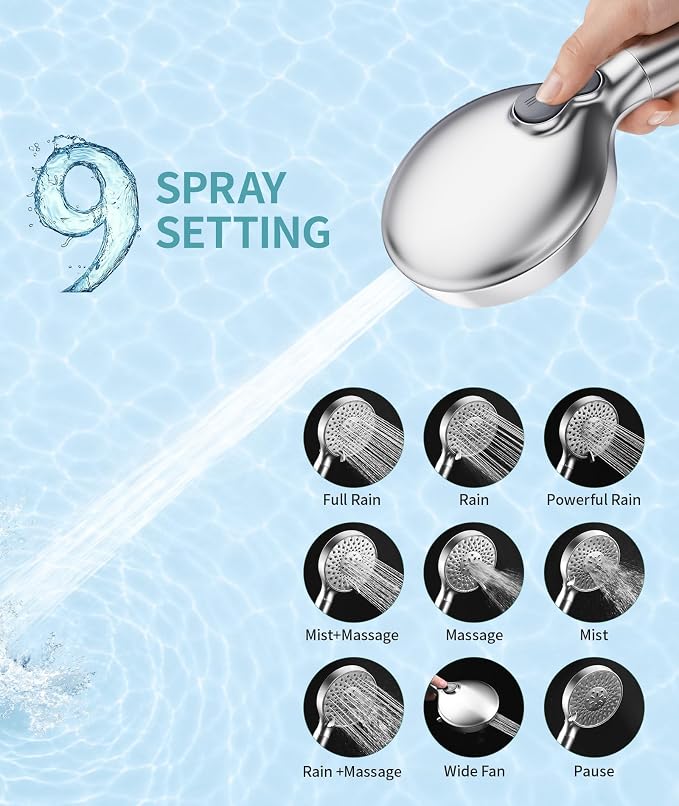 SR SUN RISE Filtered Shower Head with Handheld High Pressure 9 Spray Mode Showerhead Detachable Shower Head Water Softener Filters Beads for Hard Water Remove Chlorine 4 Filters Chrome