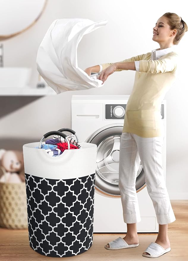 Large Laundry Basket Laundry Hamper Bag Washing Bin Clothes Bag Collapsible Tall with Handles Waterproof Travel Bathroom College Essentials Storage for College Dorm, Family (Black) 75L | Freestanding Laundry Hamper, Waterproof Dirty Clothes Storage Bag...