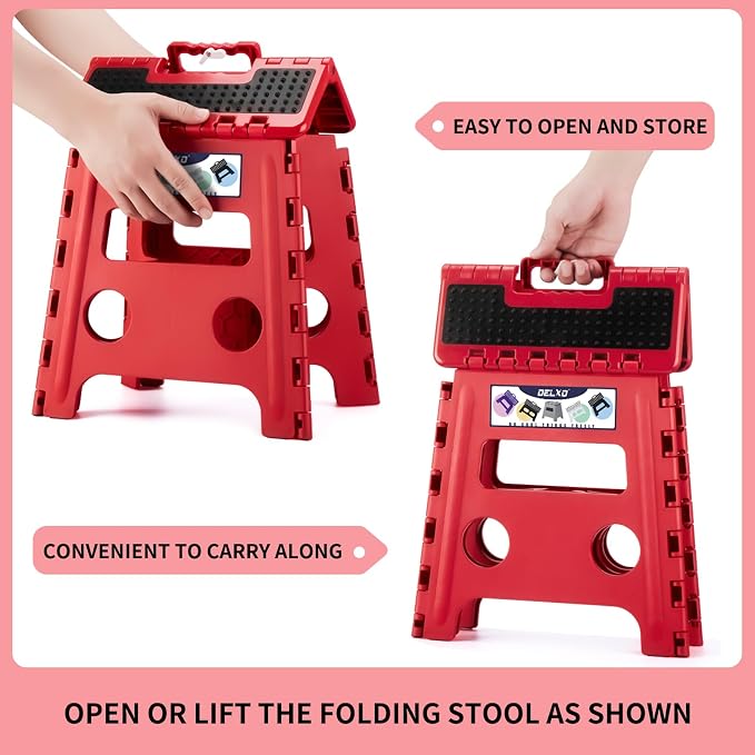 Delxo Folding Step Stool 13 Inch,300 Lbs Step Stool for Adults Red | Foldable Step Stool 13",Non-Slip Foot Stools with Handle,Lightweight Collapsible stools for Kitchen,Bathroom,Bedroom,Garden