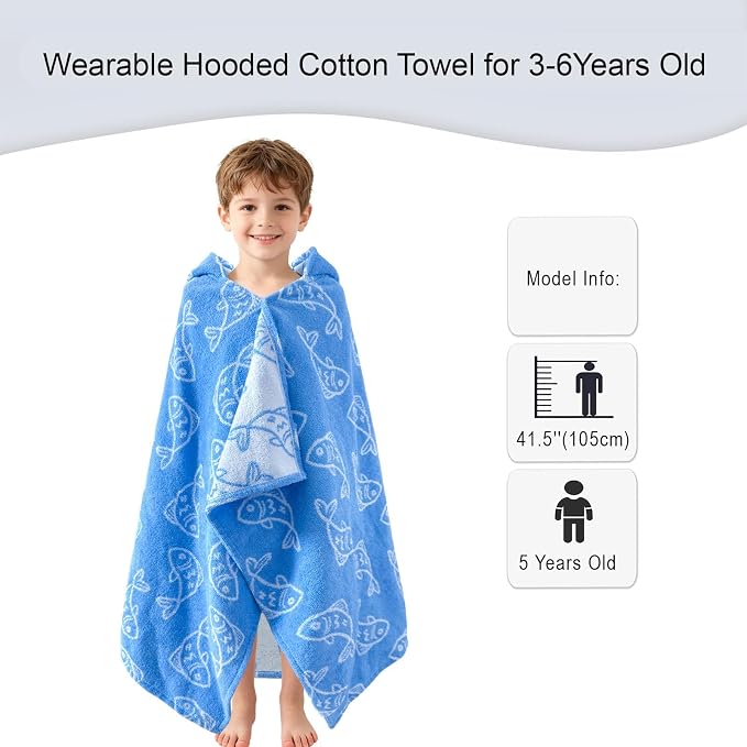 VOOVA & MOVAS Kids Hooded Towel, 3-6 Years, 100% Cotton, Blue Fish | Cute Fish Jacquard Print, Fast Dry Performance, Excellent Absorbency, Ideal for Daily Bath and Outdoor Water Activities