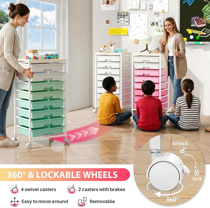 Goovilla Rolling Cart with 8 Drawers for Art, Dorm, Office, Craft, White | Utility Cart Organizer With 8 Removable Drawers and Wooden Tabletop, Lockable Rolling Storage Organizer for Classroom, Home
