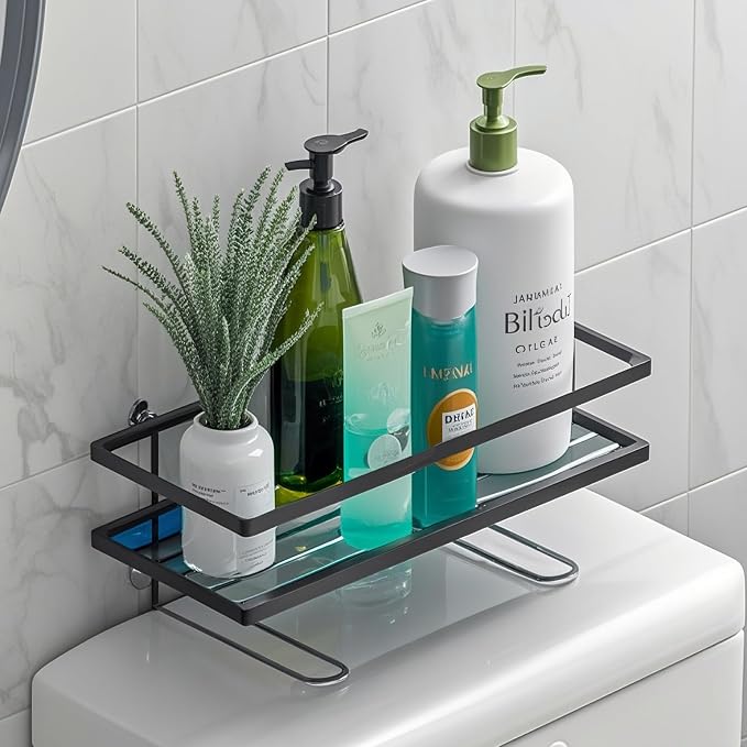 ShellKingdom Over the Toilet Storage Shelf, Toilet Paper Holder Stand Rack | Punch-Free Bathroom Storage Rack with 2 Hooks, Small Space Organizers for Bathroom, Home, Black