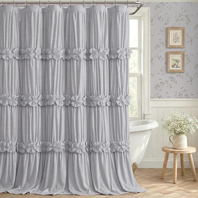 Ruffle Farmhouse Linen Shower Curtain with Vintage Grey Linen 72" W x 72" H | Linen Blend Fabric, Ruffle Bow and Ruffled Hem，Linen Texture，Machine Washable，12 Metal Holes and Plastic Hooks
