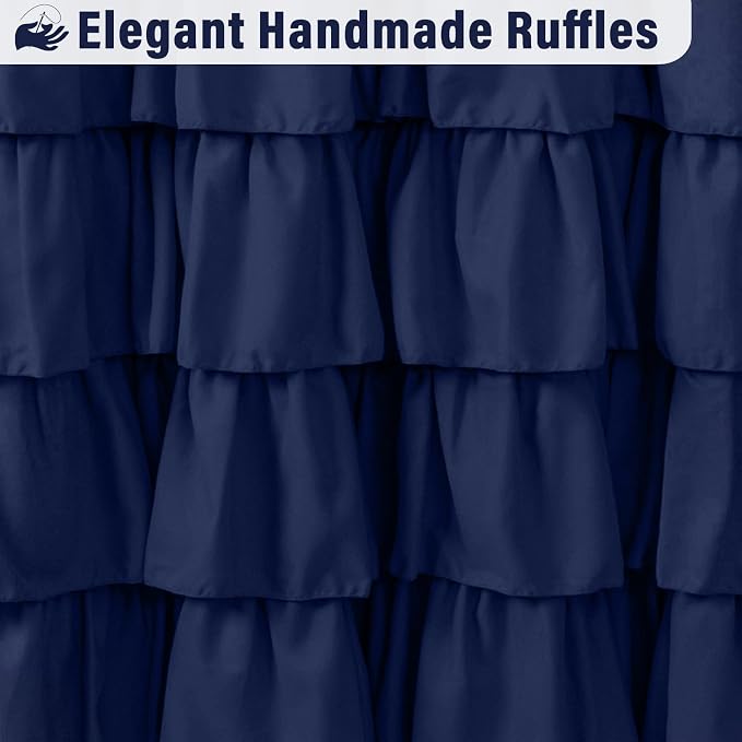 Seasonwood Navy Blue Ruffle Shower Curtain Farmhouse Shower Curtain 72 X 78 | Natural button accents, layered fabric tiers, shabby chic and French country styling for decorative bathroom updates