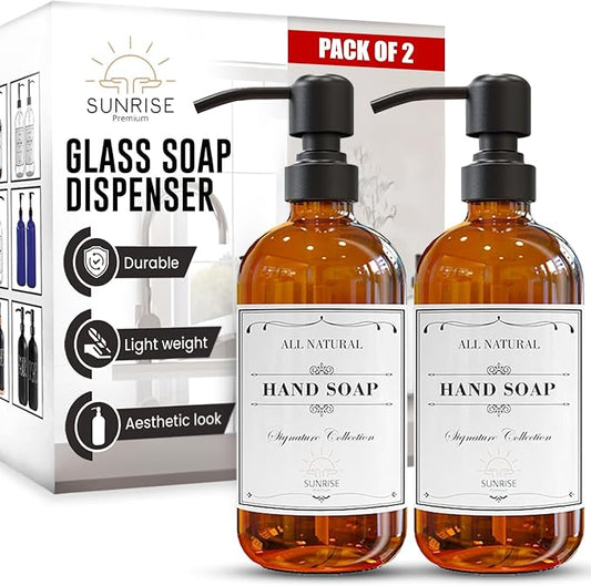 Amber Glass Soap Dispenser Matte Black with Pump, 16 oz | Amber Glass, Matte Black Stainless Steel Pump Hand and Dish,Bathroom and Kitchen Sink Use 6 Waterproof (Pack of 2)