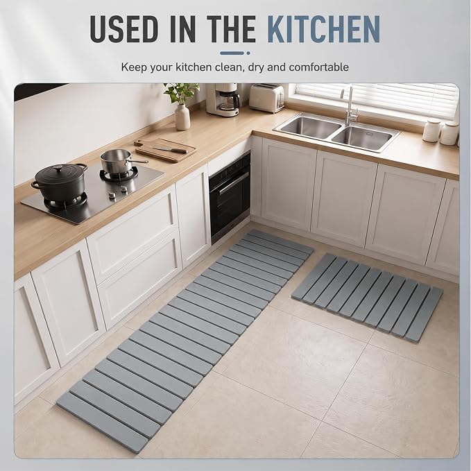 2 Pack Extra Large Foldable Stone Bath Mats Set, 47"x15.4" and 23.6"x15.4" Diatomaceous Earth Bath Mat with Non Slip Rubber Base Quick Dry Bathroom Shower Mat Light Grey for Bathroom