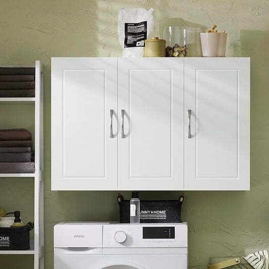 3-Door Wall Mount Bathroom & Laundry Cabinet, Wall Size, White | 3-Door Wall Storage Cabinet With Adjustable Shelves, Over Toilet/Washer MDF Medicine Cabinet, HUS-FRG231-L