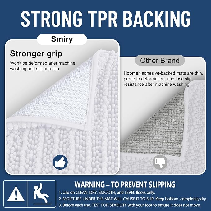 Smiry Bathroom Rugs 24X16, Extra Soft Rubber Backing Chenille Bath Mats | White Machine Washable Non Slip Quick Dry Bath Mats for Bathroom Floor, Tub, Shower, Home Decor Accessories