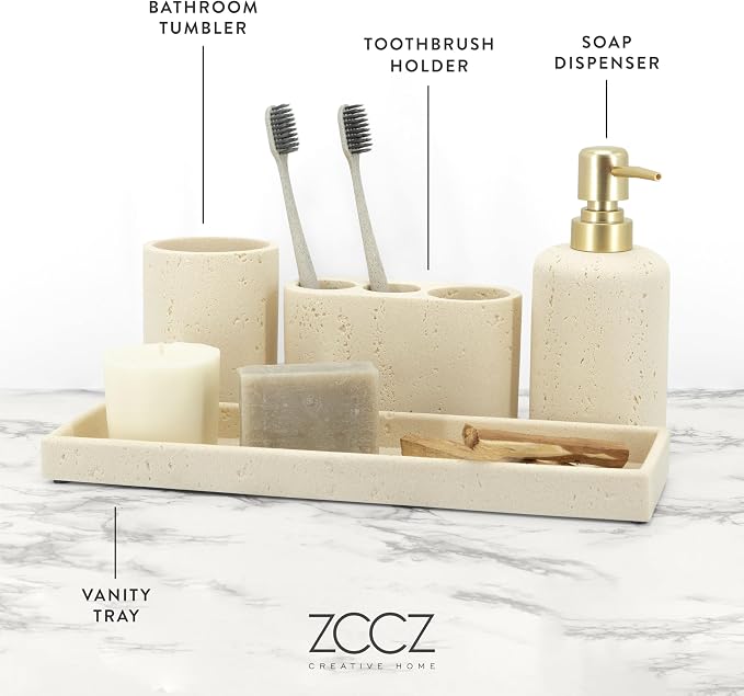 -Beige Bathroom Accessories Set 4 Pcs - Toothbrush Holder, Soap Dispenser, Vanity Tray, Bathroom Tumbler - Countertop Vanity Organizer - Bathroom Accessory Set- Toothbrush Holder Set, Stone Sets