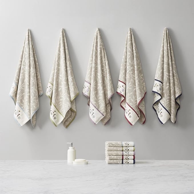 Madison Park Serene 100% Cotton Bath Towel Set Luxurious Floral Decorative Towels for Bathroom Embroidered Cotton Jacquard Design Soft Highly Absorbent for Shower 600 GSM, Multi-Sizes, Navy 6 Piece | Luxurious Floral Decorative Towels for Bathroom, Emb...