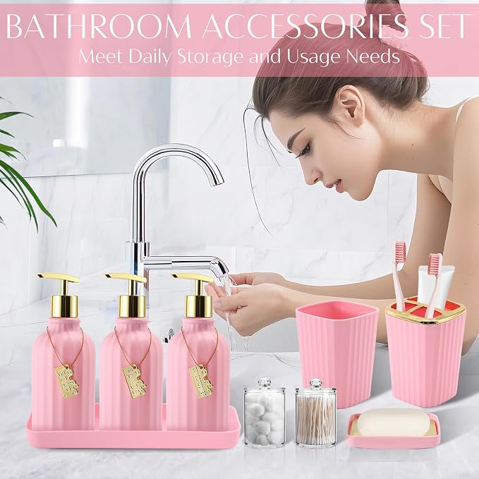 17PCS Bathroom Accessories Set, Pink Bathroom Set Bathroom Accessories Set with Trash Can, Toilet Brush, Toothbrush Holder, Qtip Holder & 3PCS Soap Dispenser