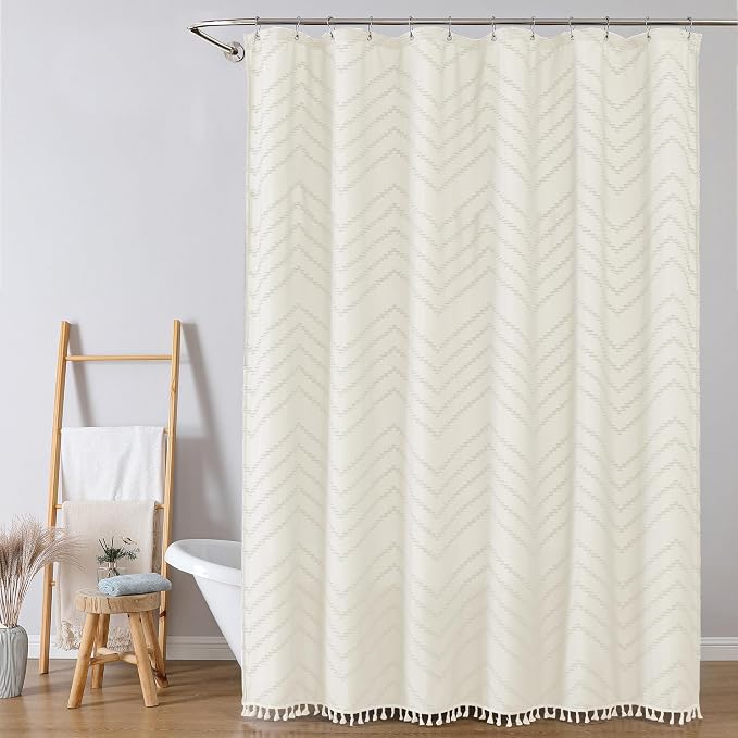 Extra Long Beige Boho Shower Curtain, Chic Tufted Chevron Striped Textured Cloth Fabric Shower Curtains with Tassel for Bathroom, Soft Hotel Style Farmhouse, Machine Washable, 72x96