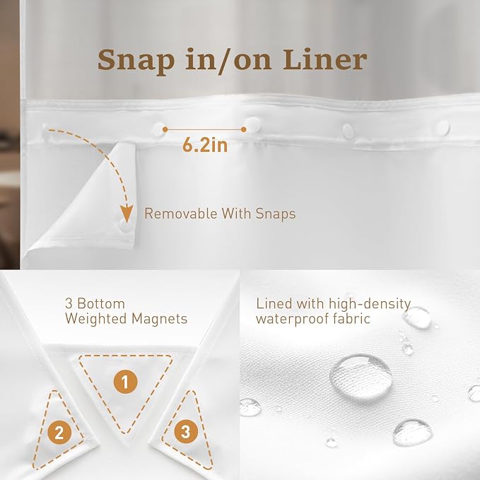 72x87 Ringless Linen Textured Shower Curtain with Snap in Liner, White | Extra Long Size, 3 in 1 Durable Fabric Shower Curtain, Removable Liner, Waterproof & Washable, Mesh Top Window, Easy Setup