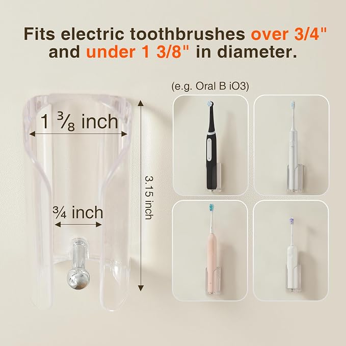 Electric Toothbrush Holder Wall Mount, Adhesive Toothbrush Caddy | Electric Toothbrush Stand for Family, Fits Mirrors/Tiles/Cabinet/Marble, PC & Stainless Steel, Clear, Pack of 4
