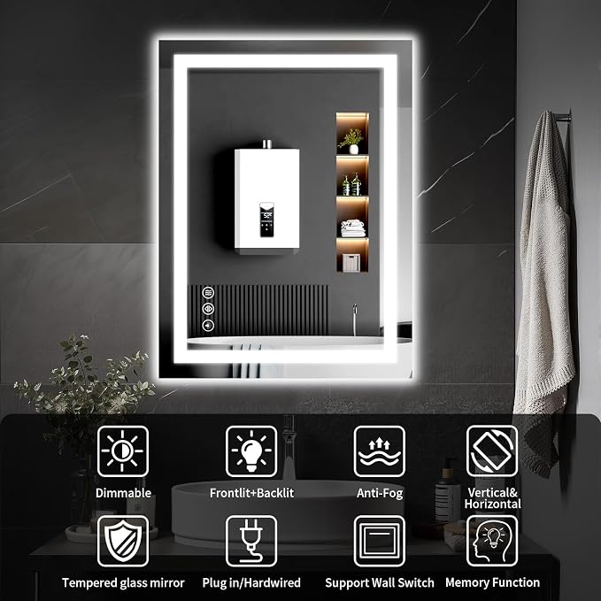 LED Bathroom Mirrors 30"x34" Bathroom Mirror with Lights for Wall, Backlit + Front Lit, 3 Colors, Anti-Fog, Dimmable Brightness for Vanity,Bathroom, Entryway, Living Room