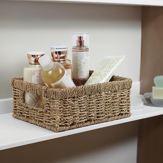 Wicker Baskets, Seagrass Baskets for Organizing, Woven Baskets for Storage | Rectangular Organizer Bins with Handle, Rattan Storage Baskets for Shelves, Small Item Storage, Closet and Bathroom Organizer