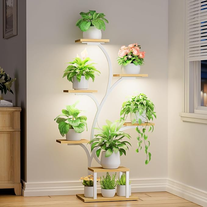 BACEKOLL Plant Stand Indoor with Grow Light, 7 Tier 49" Lighted Plant Shelf | Tree-Shaped Tall Holder with Full Spectrum Light for Indoor Growing, Sturdy Metal Rack for Home Corner, Space-Saving, Natural