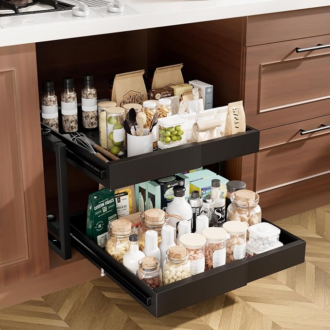 2-Tier Expandable Pull Out Cabinet Organizer, Heavy Duty Adjustable Width Metal Slide Out Shelf, No Screw Cabinet Storage Rack for Kitchen Bathroom 17in Depth Cabinet（Black）