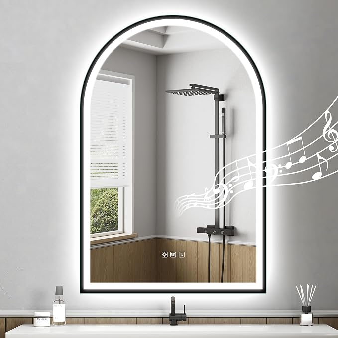 STARLEAD 36"x24" Black Frameless Arched LED Bathroom Mirror with Bluetooth Speaker, Dimmable Lighting, 3 Color Temperature, Anti-Fog, Touch Control Wall Mounted Vanity Mirror