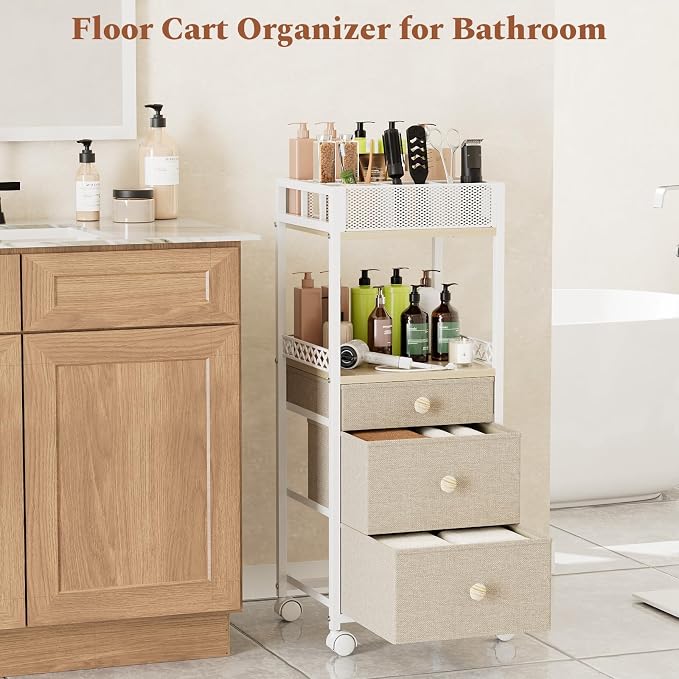 Plaviya Makeup Organizer Cart 3 Drawers for Perfume, Skin Care, Nail Polish | Utility Rolling Cart, Vanity Desk Organizer, Office, Bedroom, Bathroom, White