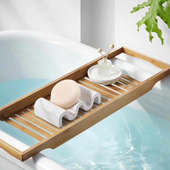 Diatomite Soap Dish Bar Soap Holder Wave Texture Sponge Tray, Marble White | Quick Drying, Self Draining Design Helps Keep Bar Soap Dry for Bathroom Sink, Shower & Kitchen