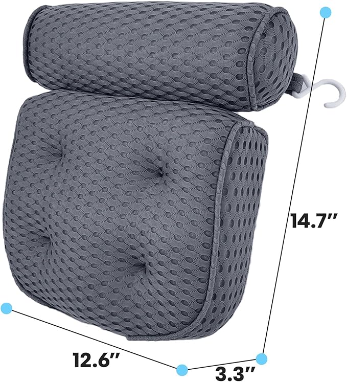AEROiVi Luxury Bath Pillows for Tub Soft Mesh Strong 6 Suction Cups Gray | Bath Pillow with laundry bag head and neck support Relaxing Bath Washable Quick-Dry Bath Accessories Spa Gifts