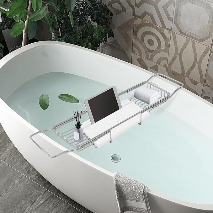 Stainless Steel Bathtub Caddy Tray, Expandable Bath Tub Tray with Natural Marble Tray, Adjustable Bath Tray for Bathroom, Spa 26.8~35.4inch (Silver+White)