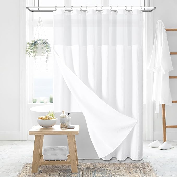 Fabric Shower Curtain with Snap in Liner, White Waffle Hotel Shower Curtains for Bathroom, Washable Waterproof Cloth Shower Curtain Liner Set with Plastic Hooks, Mesh Top Window, 72x72