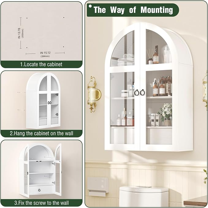 Arched Medicine Cabinet, White Bathroom Wall Cabinet with Tempered Glass Door and Adjustable Shelf for Kitchen, Living Room, Entryway, Laundry Room, Apartment, Office, Small Space