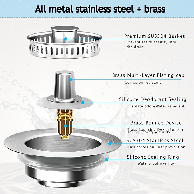 Sink Drain Strainer 3 in 1, 304 Stainless Steel Pop Up Kitchen Sink Stopper with Anti-Clogging Basket, Kitchen Essential Drain Anti-Clog Gadgets, Fits US Standard 3-1/2'' Sink Drain (Silver, 2 Pack)