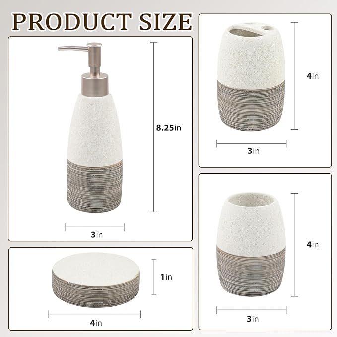 CERBIOR Bathroom Accessories Set,4 PCS Ceramic Bath Accessory,Grey White | Includes Toothbrush Holder, Toothbrush Cup, Soap Dish for Decorative Countertop and Housewarming Gift
