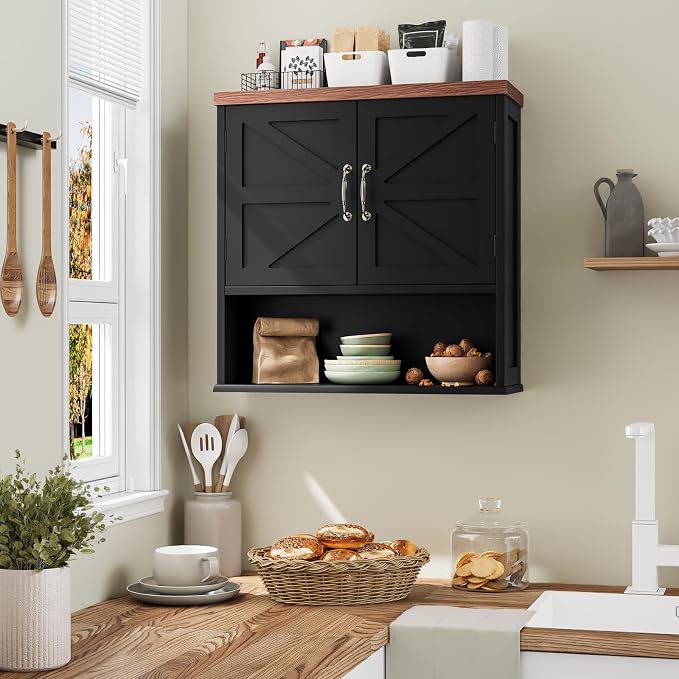 Smuxee Farmhouse Bathroom Cabinet Wall Mounted, Black Medicine Cabinet with Adjustable Shelf, Bathroom Cabinet for Living Room, Laundry Room