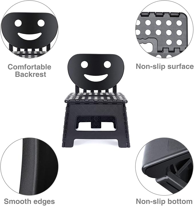 Folding Step Stool with Back Support for Kids,9" Kids Step Stool for Outdoor or Indoor Kitchen Step Stools and Bathroom Stool for Toddlers Boys Girls - Black