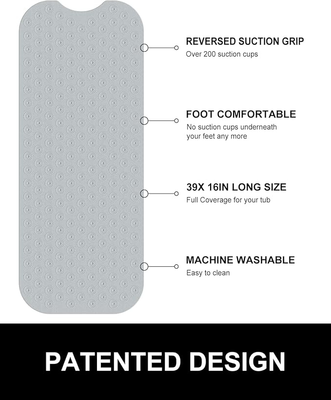 OTHWAY Reverse Suction Cup Bath Mat: 39x16 inch Extra Long Bathmat│Perfect for Ordinary or Refinished Bath Tubs │Made of Nature Rubber│Protect Your Bathtub (Grey)