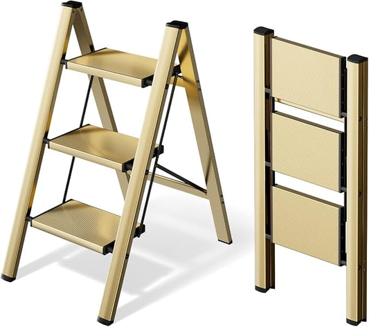 HillhutApex Aluminum Step Stool Foldable,3 Step Ladder (Gold) | Lightweight Portable step ladder with Anti-Slip Wide Pedal,330lbs Capacity Ladder for Household,Office,Kitchen