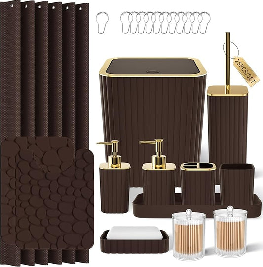 XLHOMO Bathroom Accessories Set - 25PC Brown Bathroom Sets with Shower Curtain and Rugs, Bathroom Accessory Set, Brown Shower Curtain Set, Trash Can, Qtip Holder Dispenser & Soap Dispenser