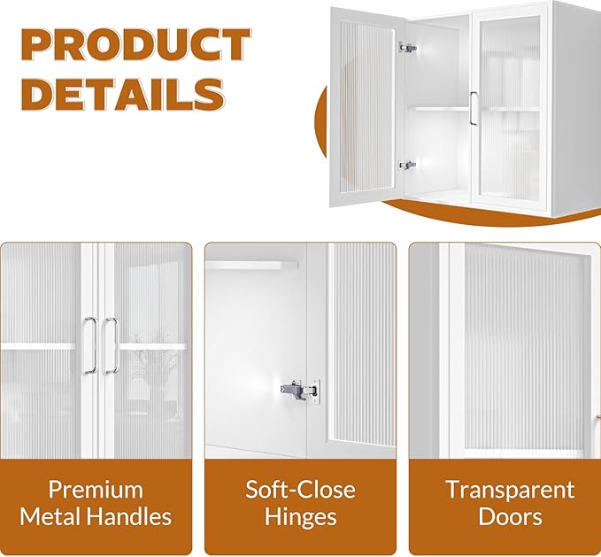 60" W Bathroom Wall Cabinet with Acrylic Glass Doors, Display Cabinet, Kitchen Wall Cabinets with Adjustable Shelf, Laundry Room Wall Mounted Cabinet, Medicine Wall Cabinet with Light (White)