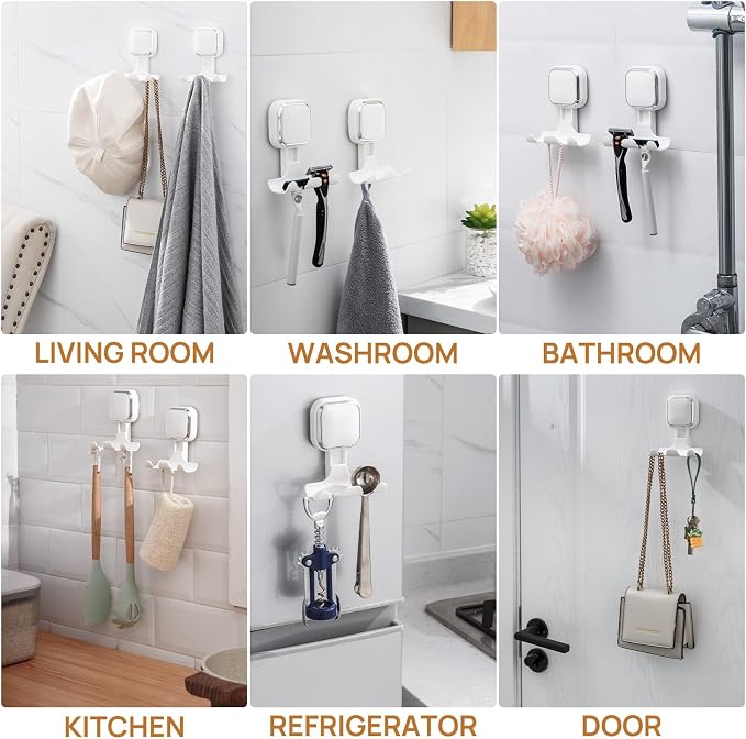 Vacuum Suction Cup Razor Holder for Shower 2 Pack, Heavy Duty Shower Hooks for Towel, Loofah, Razor, Cell Phone, Damage-Free Hanging Plated Suction Cup Hooks, Easy to Install and Reuse, White