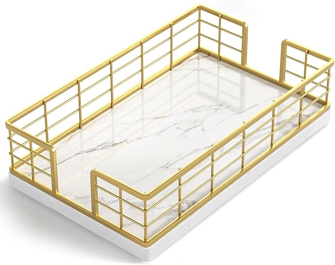 Wican Marble Guest Towel Holder Tray for Bathroom, Napkins Holder | Powder Room Dining Table Wooden Basket for Disposable Paper Hand Towels, Gold and Marble White