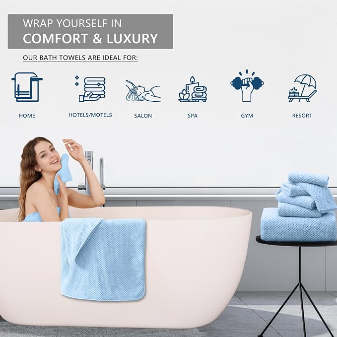 8 Piece Bathroom Towel Set Blue |2 Oversized Large Bath Towels Sheet,2 Hand Towels and 4 Washcloths| 600GSM Ultra Soft Luxury Premium Towel Set Highly Absorbent Quick Dry Hotel Towel Collection